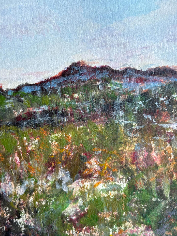 Closeup of "View from the Train, Conway Scenic Railroad" Acrylic on Paper 5.5 x 8.5