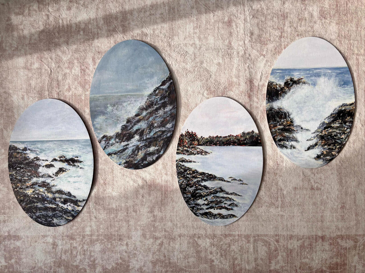 Custom Series of Seascapes for Newfound Hair Co. in Portland, ME (Acrylic & Acrylic Pen on Oval Panels, 9 x 12)