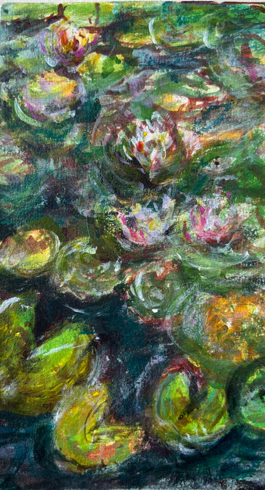 "Water Lilies at the Botanical Gardens" Acrylic on Paper 5.5 x 8.5