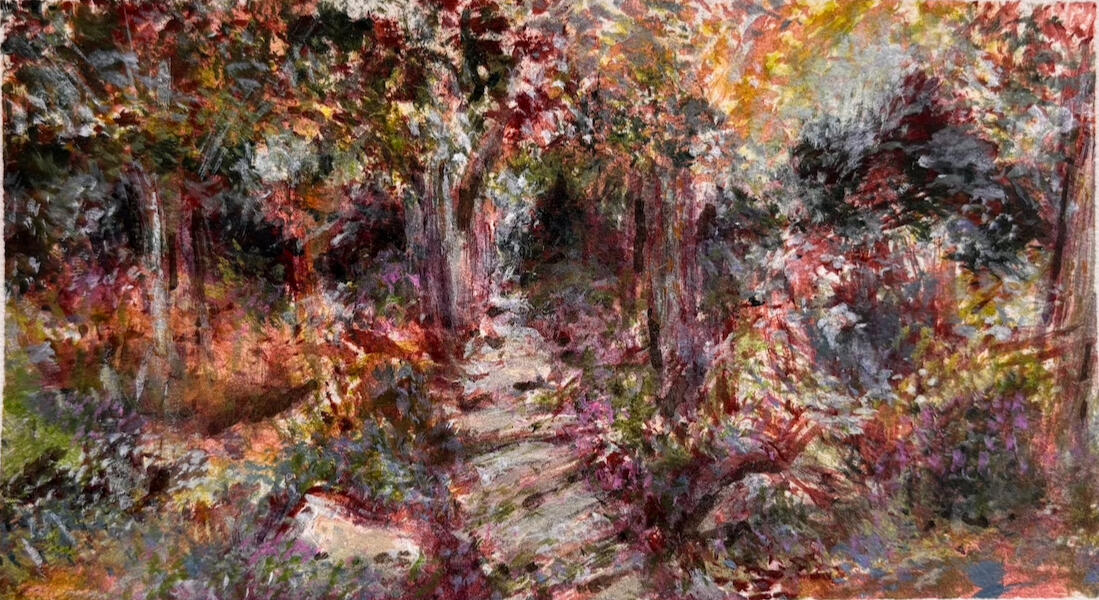 "Pathway at Reef Point, Beatrix Farrand House, Bar Harbor" Acrylic & Acrylic Pen on Paper 5.5 x 8.5